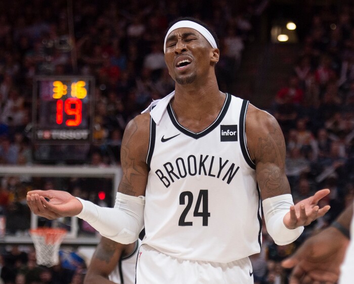 (Rick Egan  |  The Salt Lake Tribune)  Utah Jazz guard Grayson Allen (24) complains after being called for a personal foul, in NBA action between Utah Jazz and Brooklyn Nets at Vivint Smart Home Arena, Saturday, March 16, 2019.


