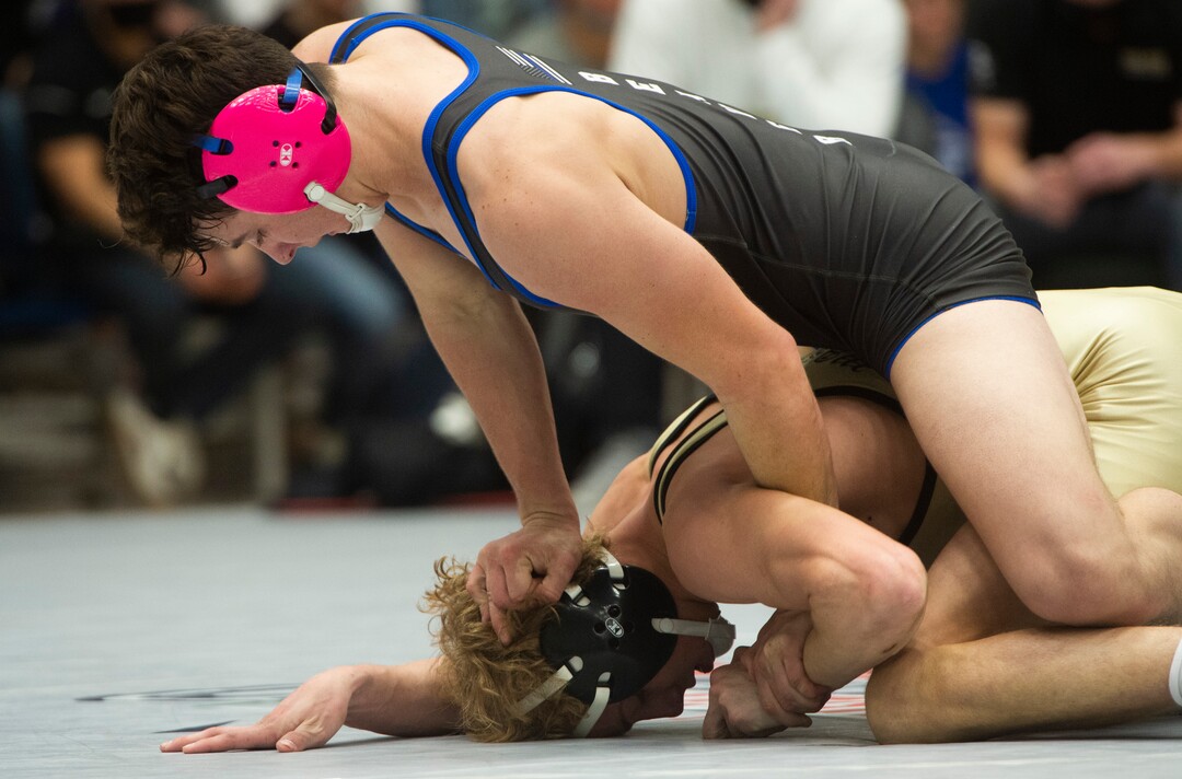 (Rick Egan | The Salt Lake Tribune) River Wardle (Wasatch) wrestles Brian Evans (Beaver) in the138 division at the High School All Star wrestling event in Orem, on Tuesday, Jan. 12, 2021.