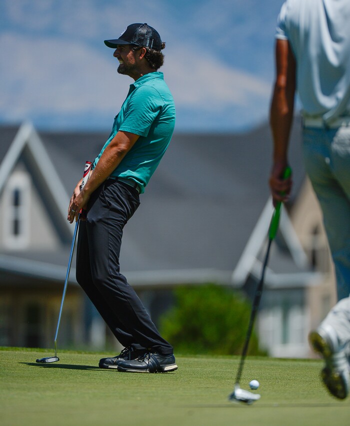 (Francisco Kjolseth  |  The Salt Lake Tribune)  Zach Johnson of Farmington reacts to a close shot on the 18th hole as he joins a mixture of local pros and nationwide travelers make their annual attempt to qualifying for the Utah Championship on the Web.com Tour and a shot to play in a PGA Tour-brand event at Talons Cove Golf Course in Saratoga Springs on Monday, July 7, 2018. Only 12 players advance from a field of roughly 140.