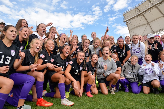 (Chris Samuels | The Salt Lake Tribune) Riverton celebrates winning the 6A girls’ soccer state championships 3-1 over Skyridge at Rio Tinto Stadium in Sandy, Friday, Oct. 22, 2021.