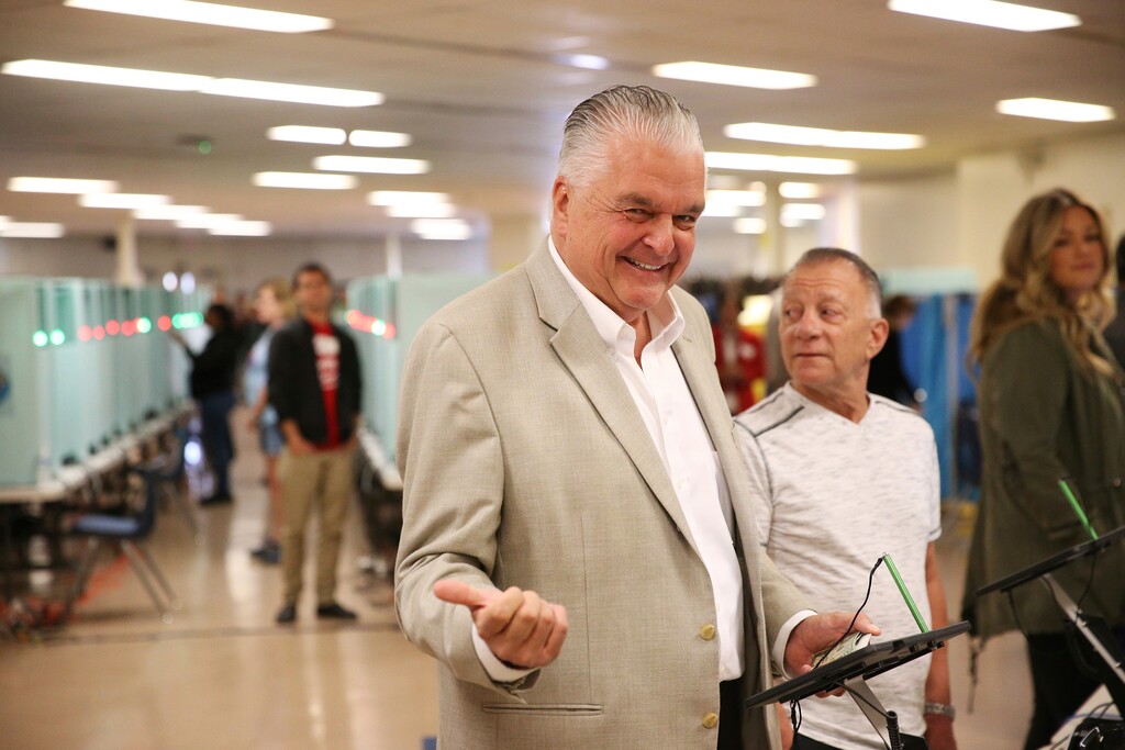 (Erik Verduzco | Las Vegas Review-Journal via AP) On Election Day, Nov. 6, 2018, Nevada Democratic gubernatorial candidate Steve Sisolak waits to cast his vote at a polling station at Kenny Guinn Middle School in Las Vegas. The governor-elect says his priorities are enacting tougher gun laws, expanding Medicare coverage and improving Nevada’s education system.