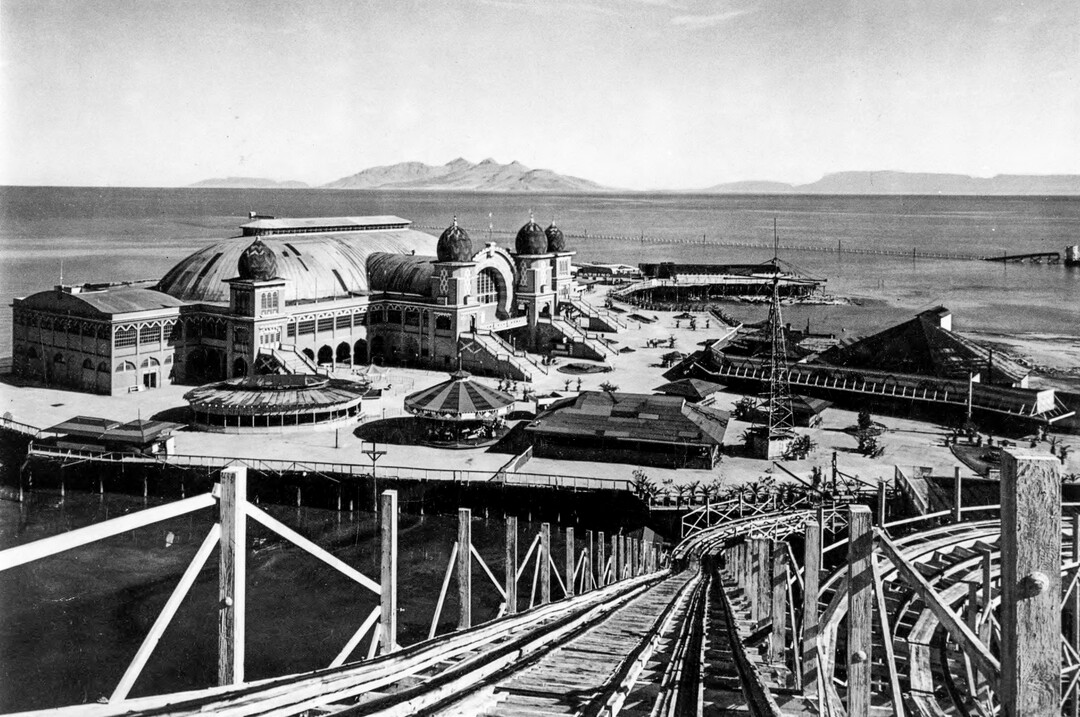 (Utah State Historical Society) Cars on the tracks of the Giant Racer roller coaster treated riders to an expansive view of Saltair II, the Great Salt Lake and beyond until 1958, when the resort closed.