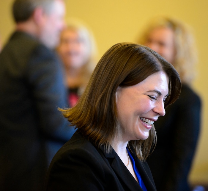 (Steve Griffin  |  The Salt Lake Tribune) Utah Supreme Court nominee Paige Petersen smiles as she takes her seat for her Senate Judicial Confirmation committee hearing at the State Capitol in Salt Lake City Monday November 13, 2017. 