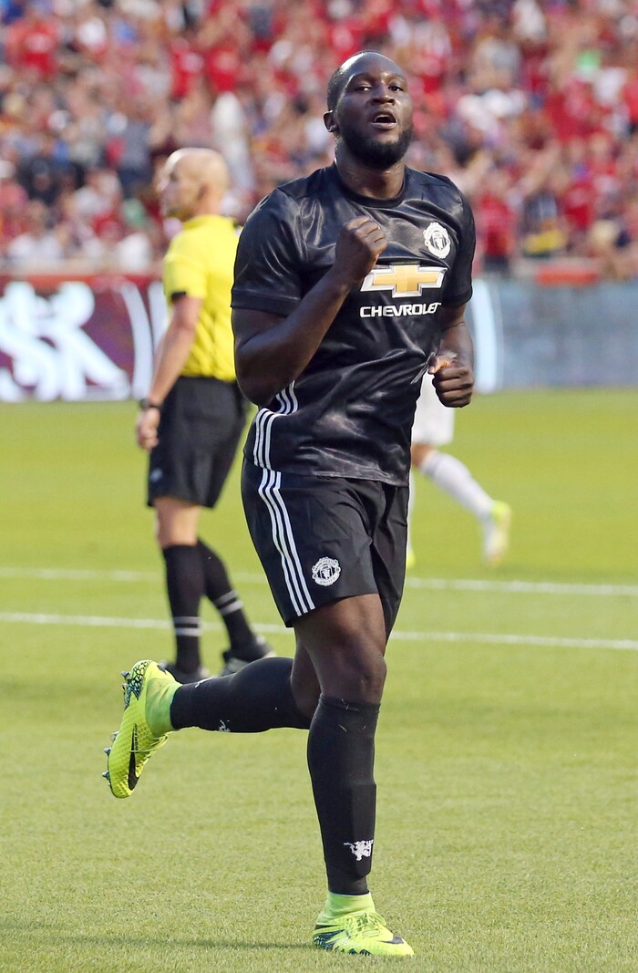 Manchester United forward Romelu Lukaku celebrates after scoring against Real Salt Lake during the first half of a friendly soccer match Monday, July 17, 2017, in Sandy, Utah. (AP Photo/Rick Bowmer)