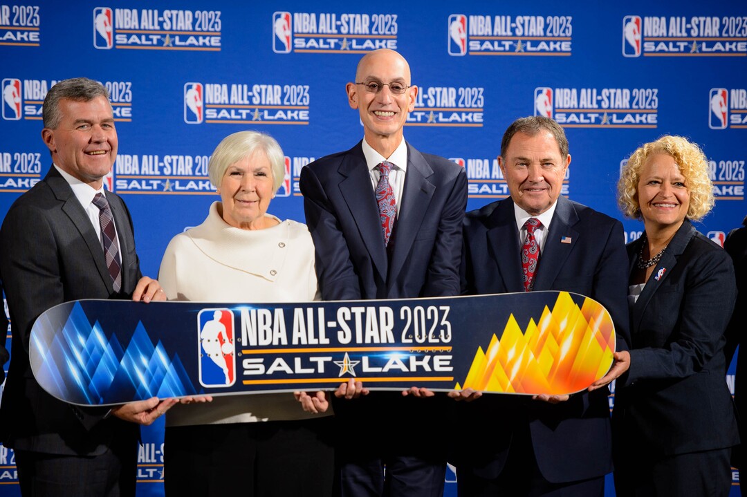 (Trent Nelson  |  The Salt Lake Tribune)The Utah Jazz and NBA announce that Salt Lake City will host the 2023 NBA All-Star Game. Wednesday Oct. 23, 2019. From left, Utah Jazz Team President Jim Olson, Larry H. Miller Group of Companies owner Gail Miller, NBA Commissioner Adam Silver, Utah Governor Gary Herbert, and Salt Lake City Mayor Jackie Biskupski.