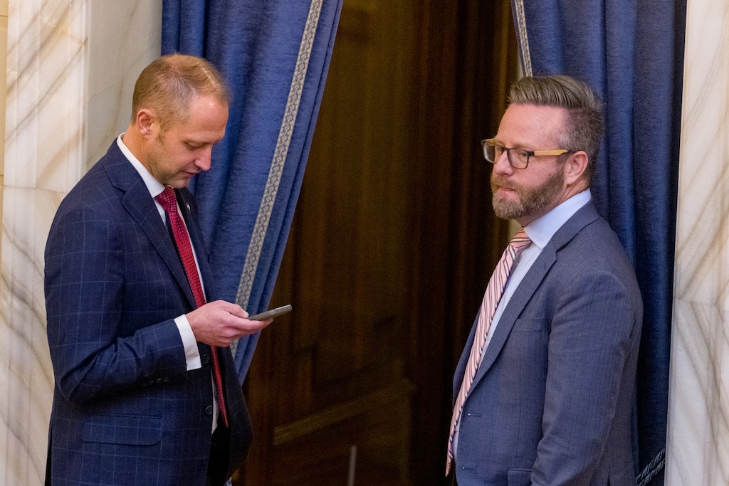 (Trent Nelson  |  The Salt Lake Tribune) Rep. Jordan Teuscher, R-South Jordan and Sen. Brady Brammer, R-Pleasant Grove, in the Senate Chamber during a special session at the Utah Capitol in Salt Lake City on Tuesday, Dec. 9, 2025.