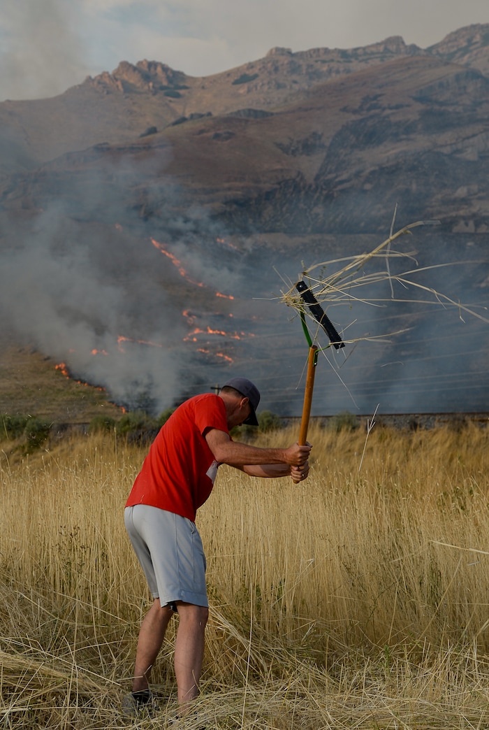(Francisco Kjolseth  |  The Salt Lake Tribune)  Greg Robbins does his part in cutting down tall brush behind his house as crews battle a grass fire in Tooele county being dubbed the Green Ravine fire as it burns on Tuesday, Sept. 3, 2019.