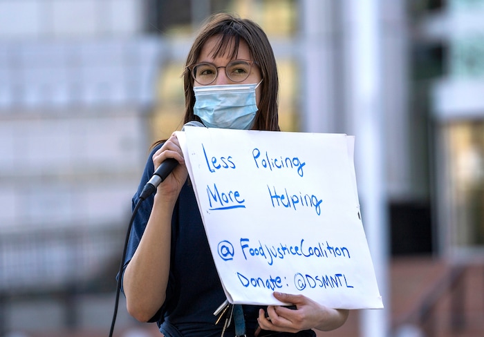 (Rick Egan | The Salt Lake Tribune) Natalie Sullivan says a few words at a rally demanding an end to the policy of violence and terror inflicted on our unsheltered community at the hands of the Salt Lake County Health Department, Salt Lake City, and Salt Lake City Police Department, at Washington Square, on Friday, April 2, 2021.