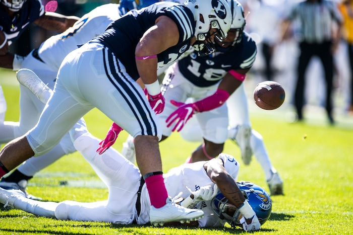 (Chris Detrick  |  The Salt Lake Tribune)  Brigham Young Cougars running back Brayden El-Bakri (35) tackles San Jose State Spartans wide receiver Rahshead Johnson (8) on the opening kick-off during the game at LaVell Edwards Stadium Saturday, October 28, 2017.  