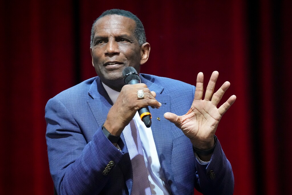 (Bethany Baker  |  The Salt Lake Tribune) U.S. Rep. Burgess Owens speaks during the State Organizing Convention for the Utah Republican Party at Utah Valley University in Orem on Saturday, May 17, 2025.
