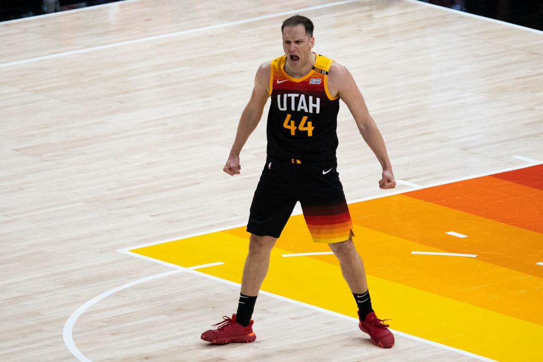 (Rick Egan | The Salt Lake Tribune) Utah Jazz forward Bojan Bogdanovic (44) reacts after sining a 3-pointer to but the Jazz up by 10 points late in the 4th quarter, in NBA action between the Utah Jazz and the LA Clippers, in game one in the second round of the NBA playoff series at Vivint Arena, on Tuesday, June 8, 2021.