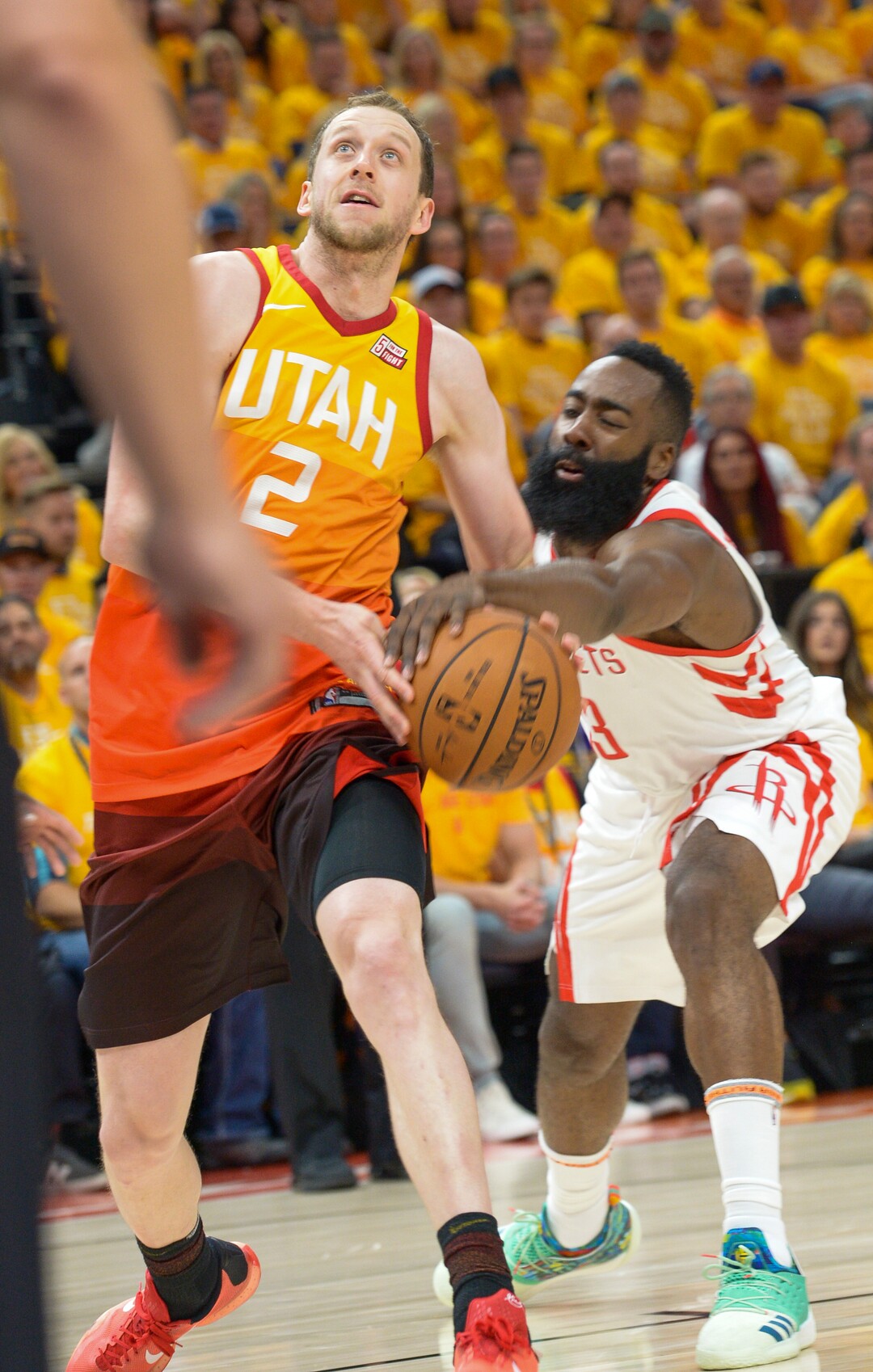 (Leah Hogsten  |  The Salt Lake Tribune) Houston Rockets guard James Harden (13) knocks the ball from Utah Jazz forward Joe Ingles (2) as the Utah Jazz take on the Houston Rockets in Game 3 of an NBA basketball second-round playoff series Friday, May 4, 2018 in Salt Lake City.