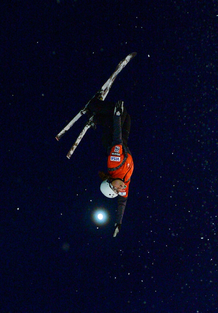 (Leah Hogsten  |  The Salt Lake Tribune) U.S. Freestyle Ski Team member Ashley Caldwell performs her aerial routine during practice Jan. 7, 2020 at the Utah Olympic Park.