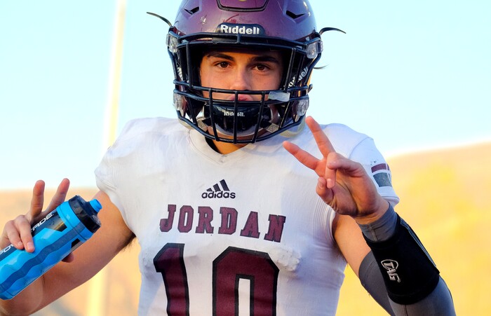 (Leah Hogsten  |  The Salt Lake Tribune) Jordan quarterback Crew Wakeley. Jordan High School boys' football team defeated Viewmont High School 28-20 during their class 5A football playoff opener, Friday, October 27, 2017 in Bountiful.