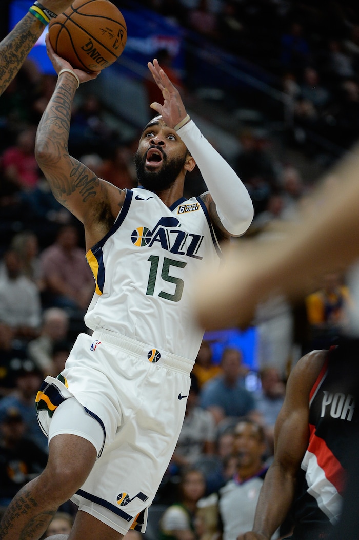 (Francisco Kjolseth  |  The Salt Lake Tribune)  Utah Jazz forward Stanton Kidd (15) eyes the basket as the Utah Jazz host the Portland Trailblazers in their NBA basketball game at Vivint Smart Home Arena in Salt Lake City on Wed. Oct. 16, 2019.