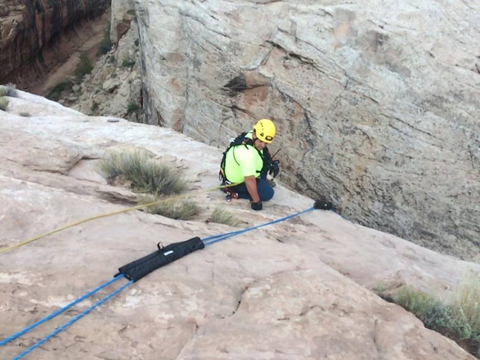 (Courtesy  |  Emery County Sheriff)  A Salt Lake County woman is recovering after being wedged in and suspended for nearly 12 hours in a narrow portion of Zero Gravity Canyon in the San Rafael Desert.