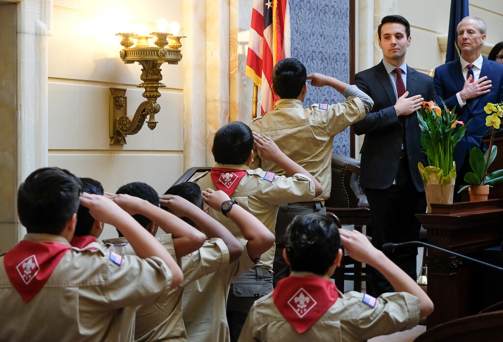 (Francisco Kjolseth | The Salt Lake Tribune) Boy Scout troop 1994 posts the colors during the opening of the 2018 legislative session on the senate floor at the Utah Capitol on Monday, Jan. 22, 2018. The National Rifle Association gave nearly $47,000 in materials to Junior Reserve Officer Training Corps at four Utah high schools and $178,000 to local Boy Scouts of America in recent years, according to an Associated Press analysis.
