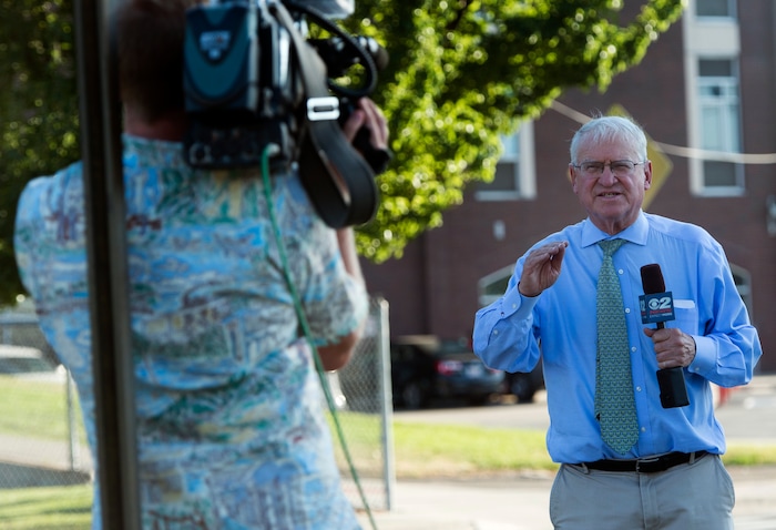(Rick Egan  |  The Salt Lake Tribune) Rod Decker reports live from West High School, for KUTV news, Monday, September 11, 2017.


