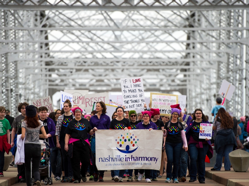(Andrew Nelles | The Tennessean via AP file photo)  Demonstrators depart from the John Seigenthaler Pedestrian Bridge during a march in solidarity with the Women's March on Washington, Saturday, Jan. 21, 2017, in Nashville, Tenn.