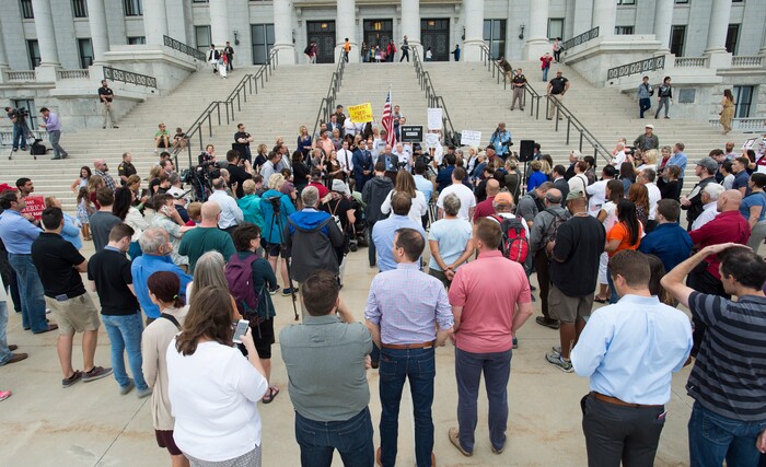 (Rick Egan  |  The Salt Lake Tribune) Mia  Lt. Governor Spencer Cox speaks at the "One Utah" Rally for Unity at the State Capitol, Monday, August 14, 2017.


