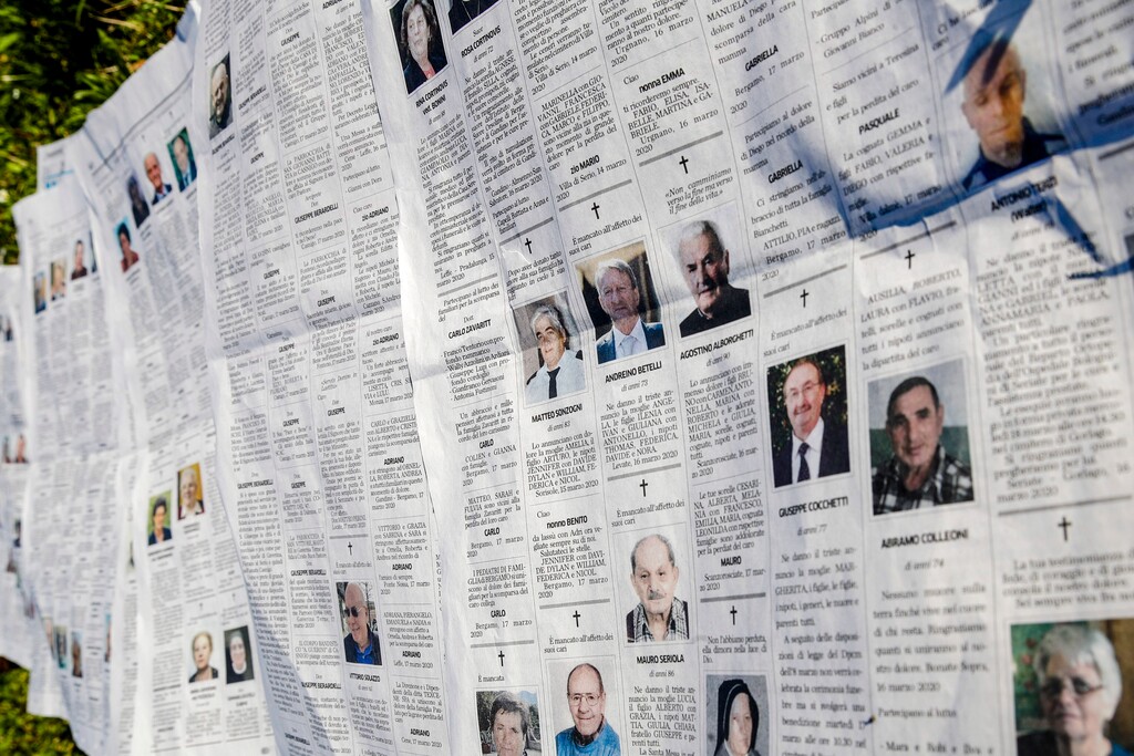 Local newspaper Eco di Bergamo features several pages of obituaries in its March 17, 2020 edition, in Mediglia, Italy, Wednesday, March 18, 2020. Bergamo is at the heart of the hardest-hit province in Italy’s hardest-hit region of Lombardy. For most people, the new coronavirus causes only mild or moderate symptoms. For some it can cause more severe illness, especially in older adults and people with existing health problems. (AP Photo/Luca Bruno)
