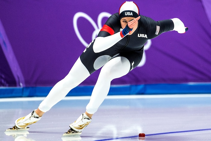 (Chris Detrick  |  The Salt Lake Tribune)  USA's Brittany Bowe races Netherlands' Jorien Ter Mors in the Ladies' 1,000m during the Pyeongchang 2018 Winter Olympics Wednesday, Feb. 14, 2018.  Bowe finished in 4th place with a time of 1:14.36.