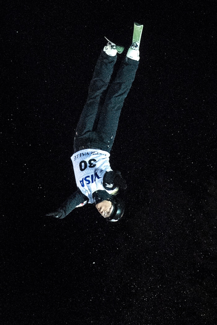 (Chris Detrick  |  The Salt Lake Tribune)  USA's Madison Varmette (30) competes in the Ladies' Aerial Finals during the FIS Visa Freestyle International Ski World Cup at Deer Valley Resort Friday, January 12, 2018.  Varmette finished in sixth place with a score of 71.92.