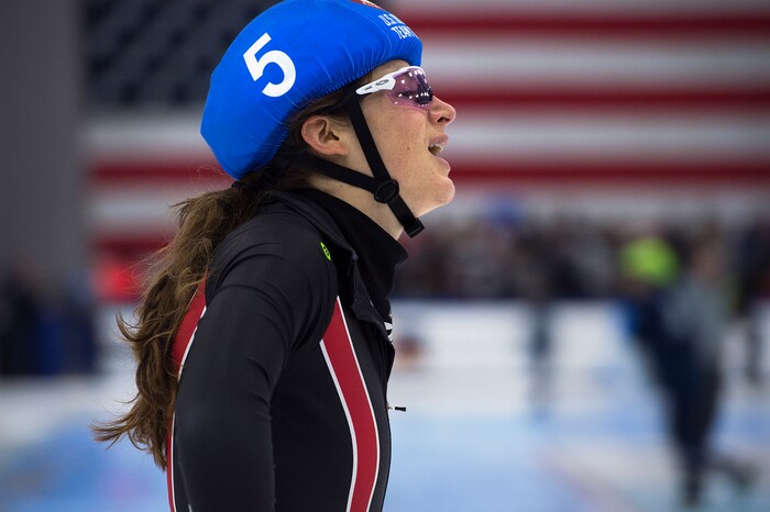 (Scott Sommerdorf   |  The Salt Lake Tribune)   
Katherine Reutter-Adamek glides after winning her spot onto the US Olympic team finishing fifth in points during day 3 of the U.S. short-track Olympic Team Trials at the Utah Olympic Oval, Sunday, December 17, 2017.  
