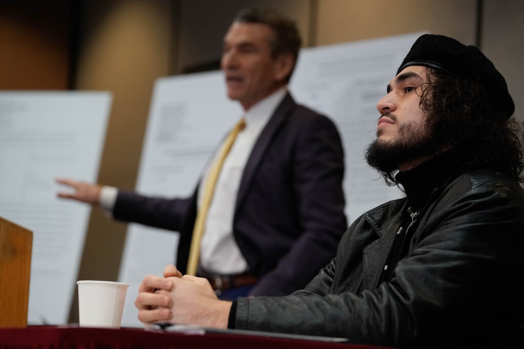 (Francisco Kjolseth | The Salt Lake Tribune) Arturo Gamboa, who was arrested after being shot at a “No Kings” march in Salt Lake City in June, holds a news conference alongside his attorney Greg Skordas, Tuesday, Dec. 9, 2025. Gamboa was arrested the night of the shooting but was later released after investigators determined he never fired his weapon.