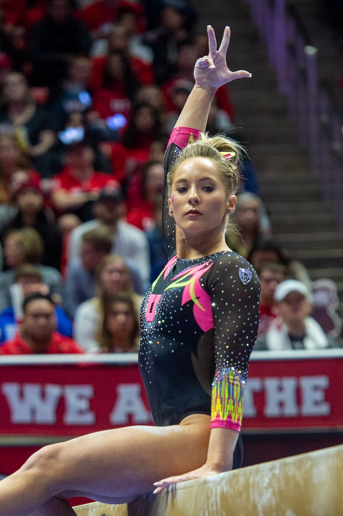 (Rick Egan  |  The Salt Lake Tribune)  MyKayla Skinner competes on the balance beam,  in PAC-12 Gymnastics action between the Utes and The California Golden Bears, in the Jon M. Huntsman Center, in Salt Lake CIty, Saturday, Feb. 9, 2019.


