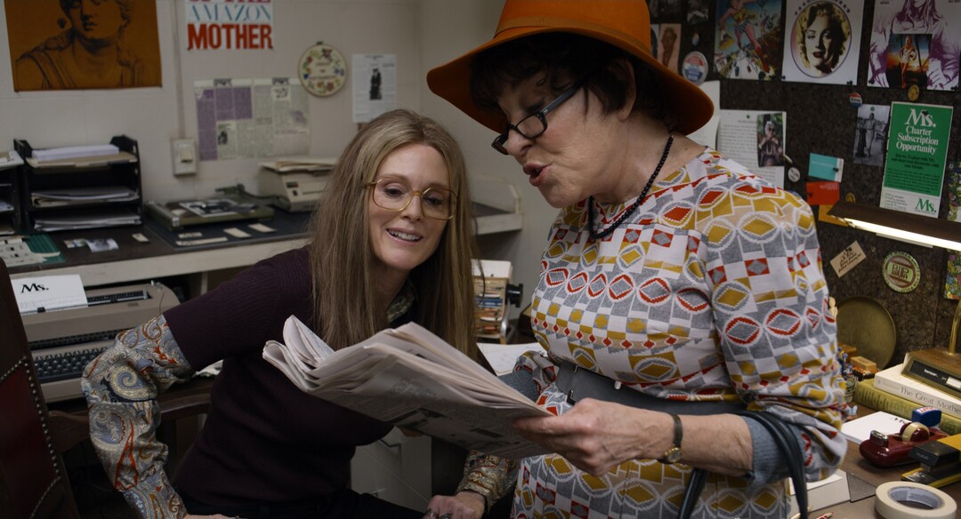 (Photo courtesy of Amazon Studios) Julianne Moore, left (with Bette Midler playing Bella Abzug), and Alicia Vikander share the duties playing feminist icon Gloria Steinem in director Julie Taymor's "The Glorias."