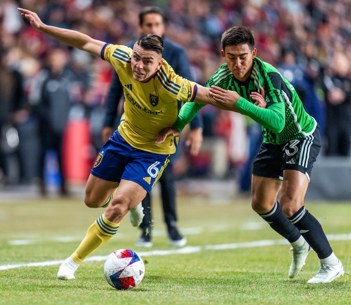 (Rick Egan | The Salt Lake Tribune) Real Salt Lake midfielder Braian Ojeda (6) goes after the ball along with Austin FC midfielder Owen Wolff (33), MLS action between Real Salt Lake and Austin FC, in Sandy, on Saturday, March 11, 2023.