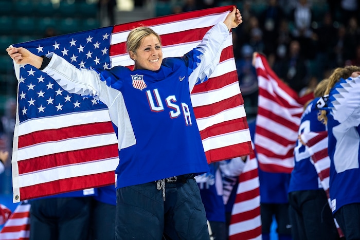 (Chris Detrick  |  The Salt Lake Tribune) United States forward Gigi Marvin (19) celebrates after winning the Women's Gold Medal Game at Gangneung Hockey Centre during the Pyeongchang 2018 Winter Olympics Thursday, Feb. 22, 2018. United States defeated Canada 3-2 in a shootout victory. 