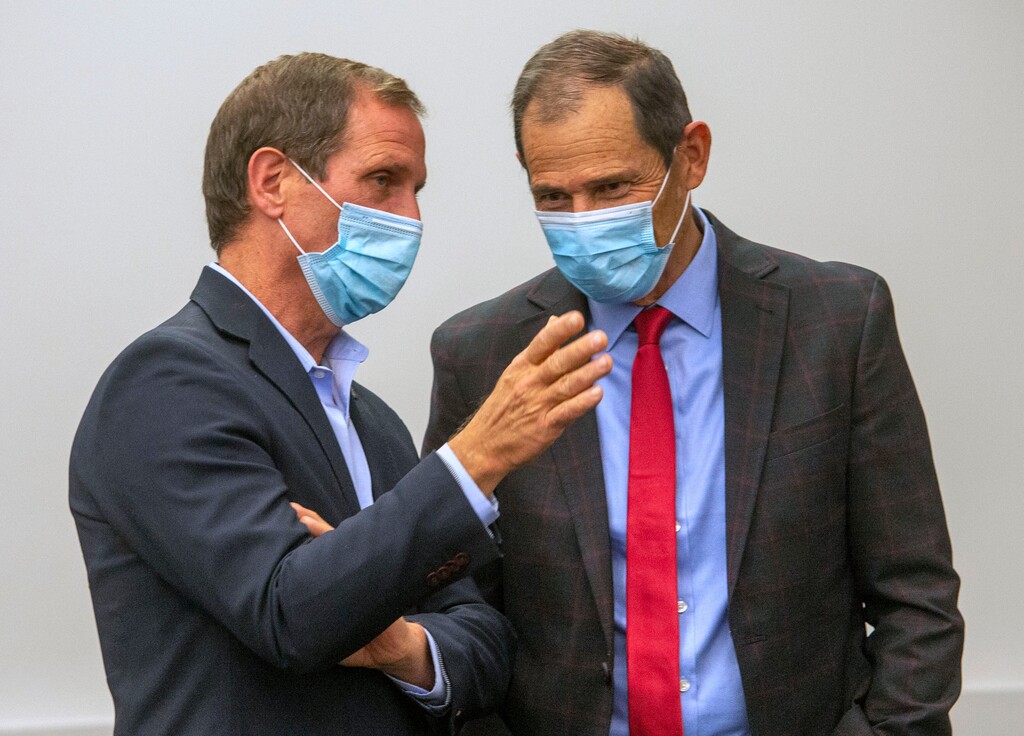 (Rick Egan | The Salt Lake Tribune)  U.S. Congressman Chris Stewart speaks with Congressman John Curtis, at the Utah Association of Realtors office where GOP candidates gathered in Sandy, on Tuesday, Nov. 3, 2020.