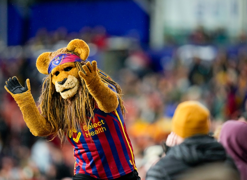 (Bethany Baker  |  The Salt Lake Tribune) Leo the lion, Real Salt LakeÕs mascot, cheers after a goal as RSL hosts the St. Louis City during an MLS soccer match in Sandy on Saturday, March 30, 2024.