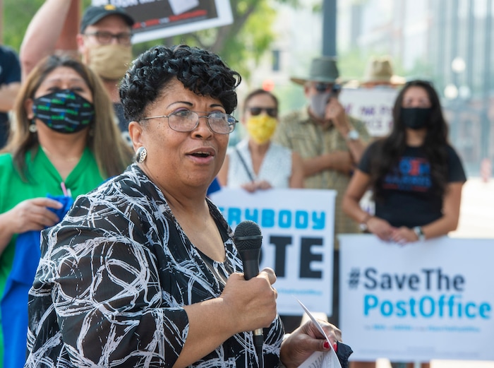 (Rick Egan  |  The Salt Lake Tribune)     NAACP president, Jeanetta Williams, speaks to protesters during a rally to "Save the Post Office," hosted by Alliance for a Better Utah, NAACP Salt Lake Branch, League of Women Voters at the Post Office on 200 South in Salt Lake City, Saturday, Aug. 22, 2020.