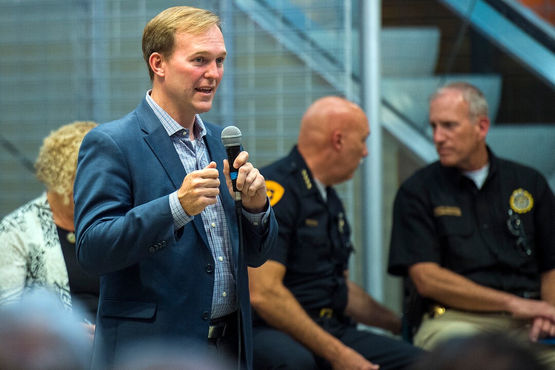 (Chris Detrick  |  The Salt Lake Tribune) Salt Lake County Mayor Mayor Ben McAdams speaks during a public forum about Operation Rio Grande at The Gateway in Salt Lake City Tuesday, August 15, 2017. 