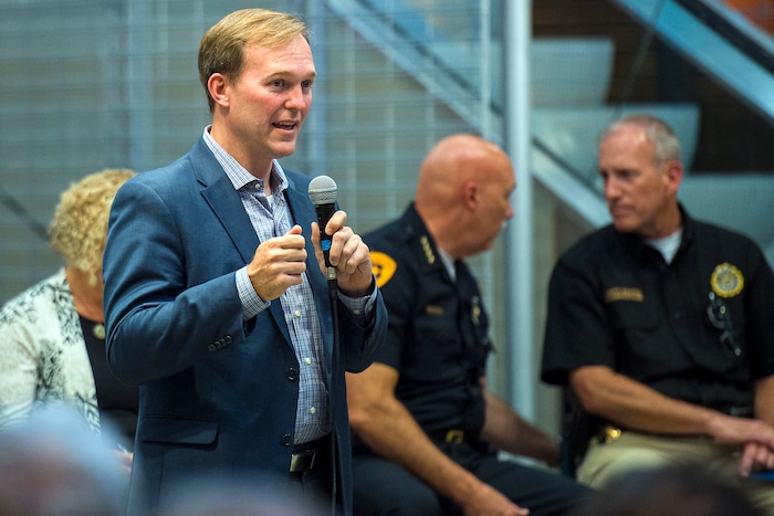 (Chris Detrick  |  The Salt Lake Tribune) Salt Lake County Mayor Mayor Ben McAdams speaks during a public forum about Operation Rio Grande at The Gateway in Salt Lake City Tuesday, August 15, 2017. 