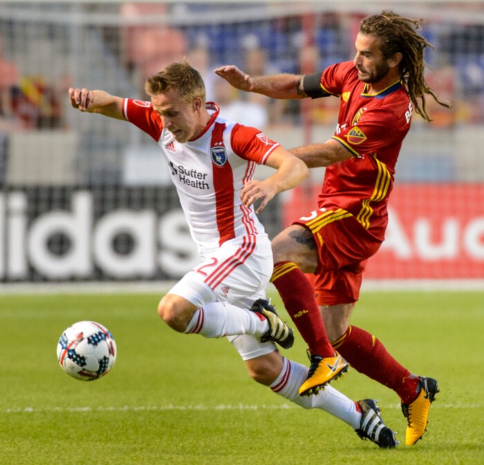 (Steve Griffin | The Salt Lake Tribune) Real Salt Lake midfielder Kyle Beckerman (5) runs into San Jose's Tommy Thompson during match at Rio Tinto Stadium in Sandy Wednesday August 23, 2017.