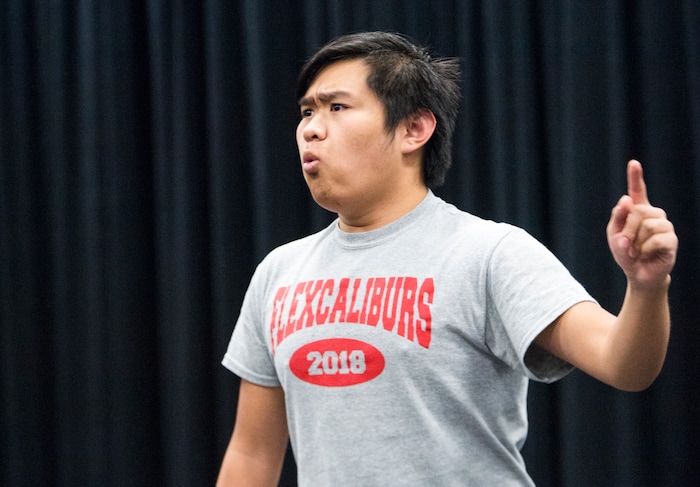 (Rick Egan  |  The Salt Lake Tribune)      Granger High School student Alton Phonepraseuth performs during a competition for EduHam, an education program that accompanies the Salt Lake City run of "Hamilton." Granger theater teachers Kirsten Anderson and Brian Fuller said 81 students at the West Valley City school participated in the program, which asks students to study original founding documents and create an original work of art -- rap, song, poem, essay, etc. -- from a big moment. Twelve of the regional winners will be invited to perform before a matinee performance of "Hamilton" on May 4. Utah's program is the first to be funded in a public-private match. Wednesday, April 11, 2018.