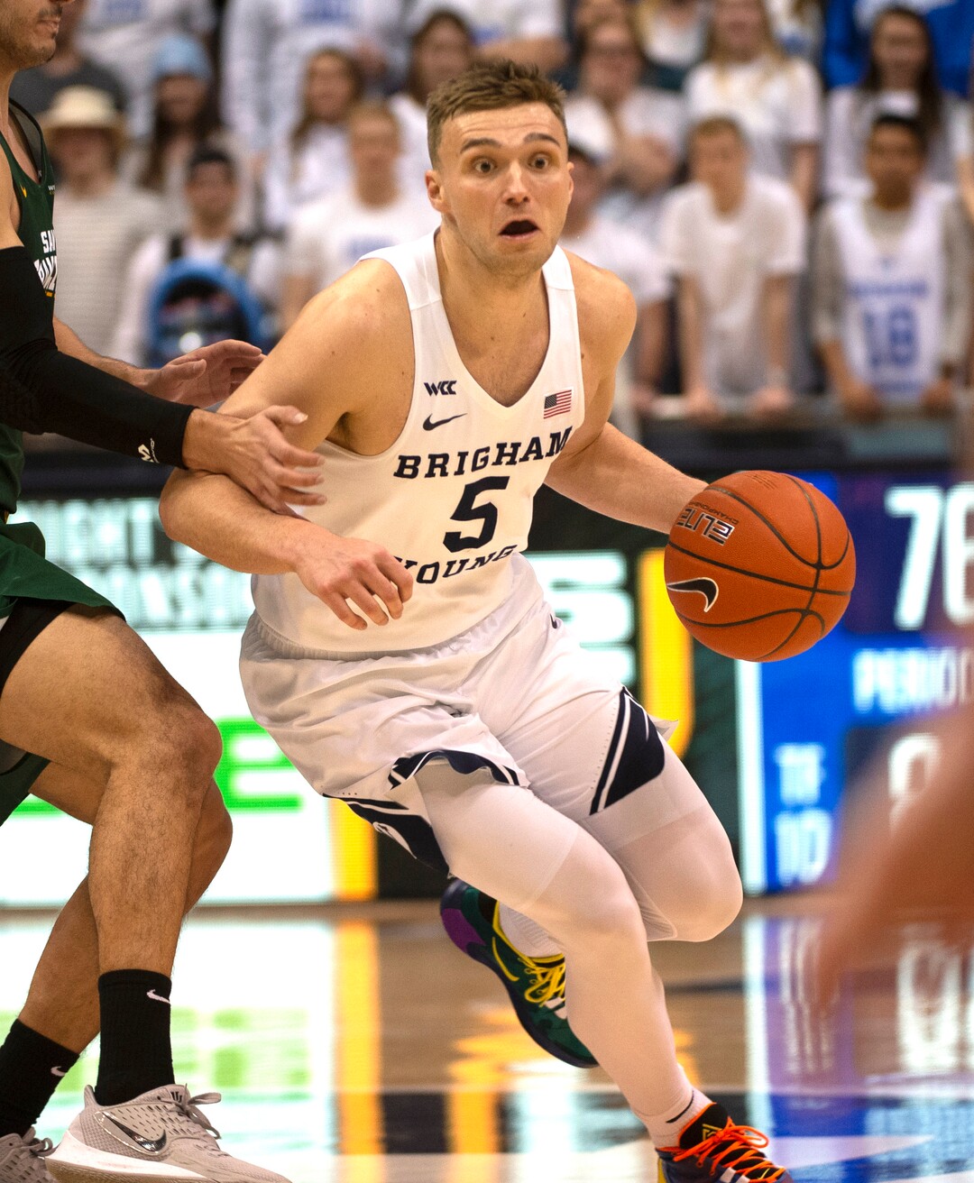 (Rick Egan  |  The Salt Lake Tribune)    Brigham Young Cougars guard Jake Toolson (5) brings the ball down court, in WCC basketball acton between the Brigham Young Cougars and the San Francisco Dons, at the Marriott Center, Saturday, Feb. 8, 2020.