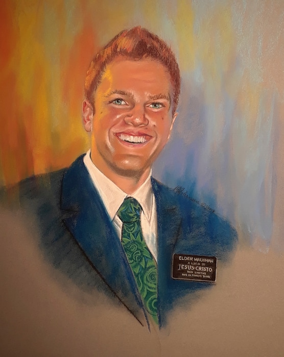 In this painting created and provided by JR Johansen is Elder Peter Maughan, a missionary who died while serving The Church of Jesus Christ of Latter-day Saints. A northern Utah artist is painting portraits of Mormon missionaries who died while serving and sending them to their parents in a project aimed at helping the families get closure, the Standard-Examiner in Ogden reports. (JR Johansen via AP)