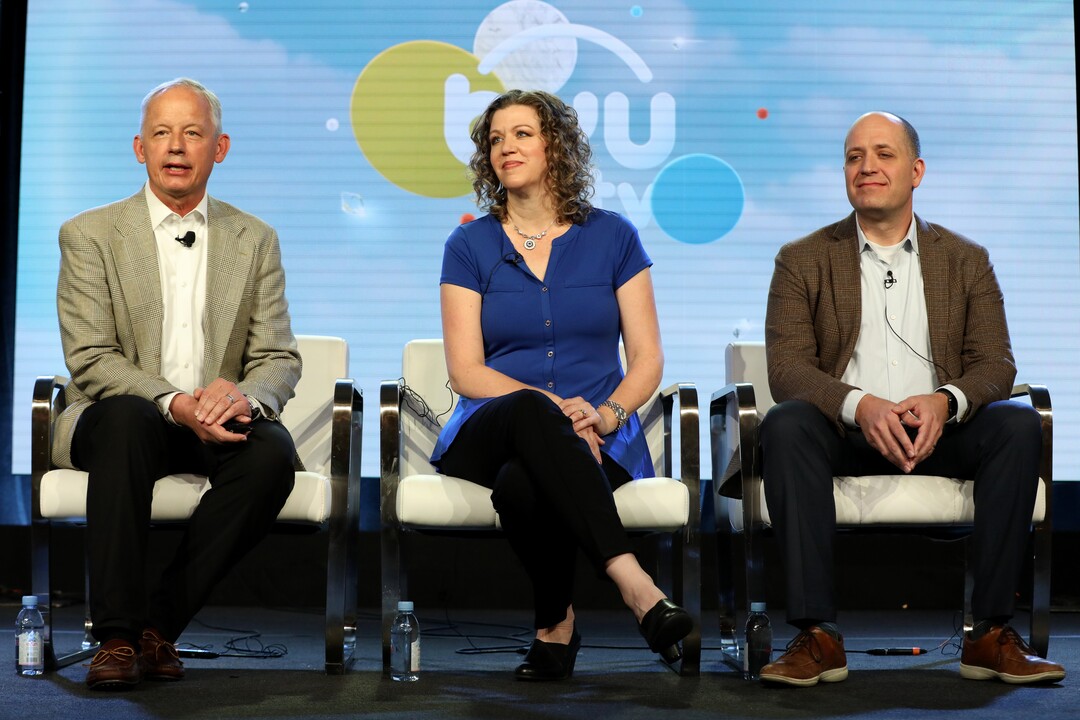 (Photo courtesy Chris Frawley/BYUtv) BYUtv managing director Michael Dunn, director of content Andra Johnson Dukeand director of strategy and operations Ian Puente take questions from members of the Television Critics Association.