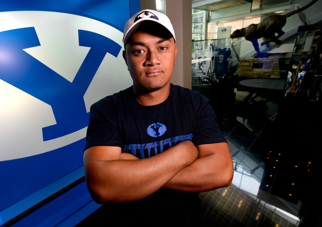 (Scott Sommerdorf | The Salt Lake Tribune) Former East High TE Joe Tukuafu poses for a portrait in the lobby of the Student Athlete Building on the BYU campus, Wednesday, August 16, 2017. Tukuafu is back at BYU after being away from football for two years.