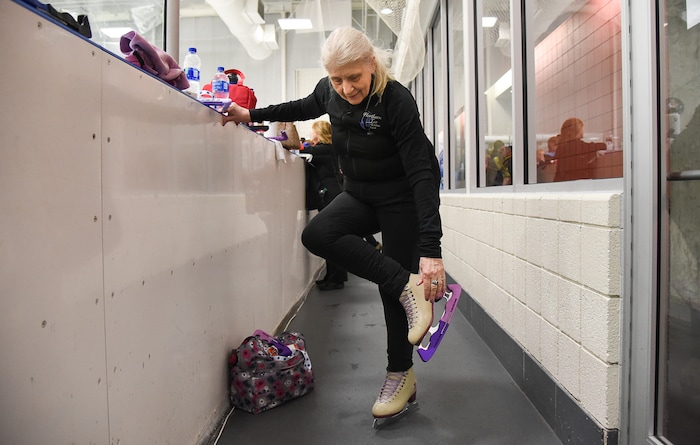 (Francisco Kjolseth  |  The Salt Lake Tribune)  Barb Foley, 71, of Orland Park, gets ready to hit the ice for a practice session as part of the 2019 U.S. Adult Figure Skating Championships, now in its 25th year, being held at the SLC Sports Complex. Over 600 skaters between 21 and 80 will compete April 3-6.