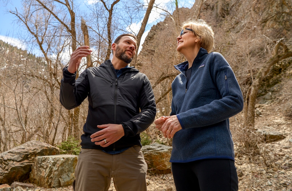 Leah Hogsten  |  The Salt Lake Tribune  Massachusetts Sen. Elizabeth Warren takes a walking tour with Carl Fisher, executive director of UtahÕs Save Our Canyons organizationat Storm Mountain Picnic Area in Big Cottonwood Canyon,  April 17, 2019 before speaking to Utah supporters Wednesday evening. Sen. Warren is a Democratic 2020 presidential candidate.   