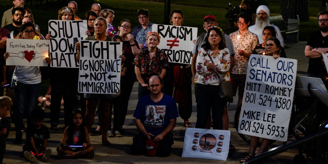 (Leah Hogsten  |  The Salt Lake Tribune) Over 150 people attended Lights for Liberty: A Vigil to End Human Detention Camps at Washington Square, July 12, 2019 to protest the inhumane conditions faced by refugees.