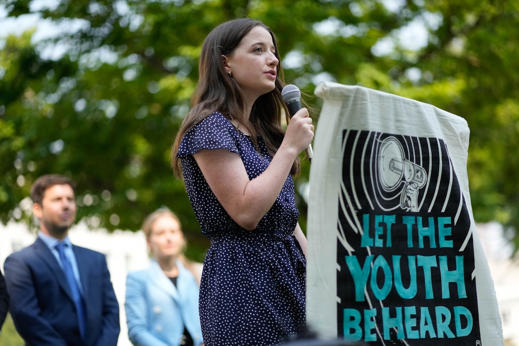(Francisco Kjolseth | The Salt Lake Tribune) Lydia May spoke during a news conference at Washington Square Park in Salt Lake City following oral arguments in a previous youth climate lawsuit on Wednesday, Sept. 4, 2024. May is among the ten youth plaintiffs who filed a new lawsuit on Monday, Dec. 1, 2025 against the Division of Oil, Gas, and Mining.