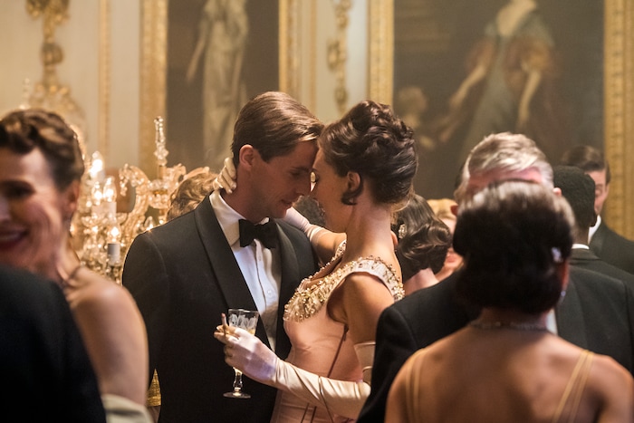 (Photo courtesy of Alex Bailey/Netflix) Anthony Armstrong-Jones (Matthew Goode) and Princess Margaret (Vanessa Kirby) at their engagement party in Season 2 of “The Crown.”