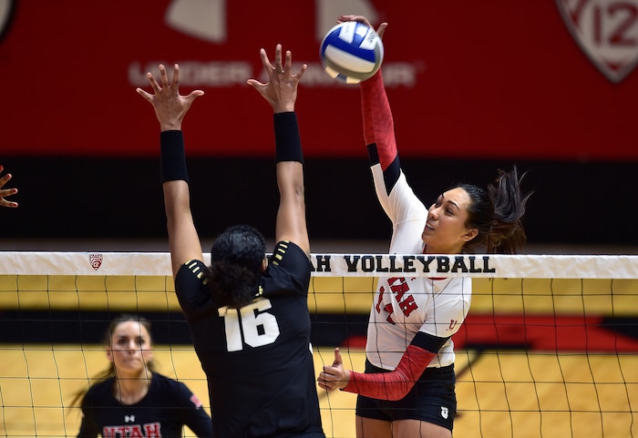 (Scott Sommerdorf   |  The Salt Lake Tribune)   Adora Anae spikes for a point during first set play. Utah beat Purdue three sets to one in the second round of the NCAA volleyball tournament, Friday, December 1, 2017.  